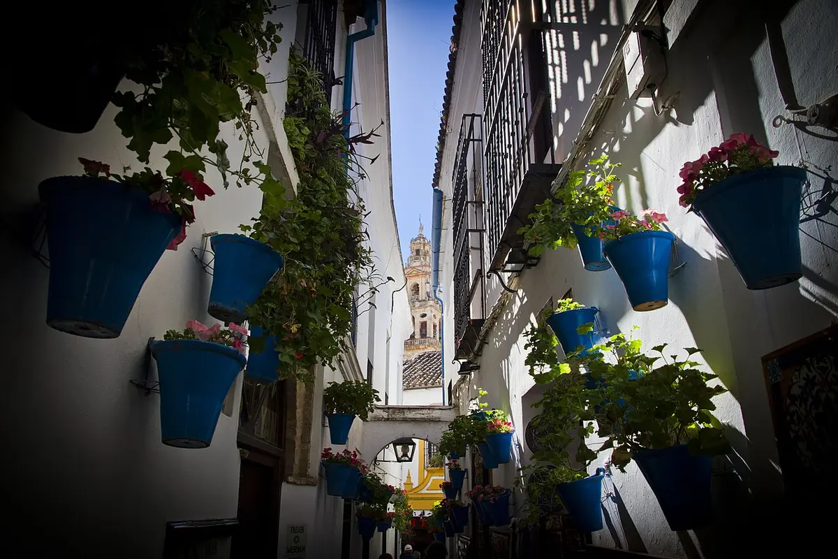 Calleja de las Flores con macetas azules en las paredes blancas y, al fondo, el campanario de la Mezquita-Catedral